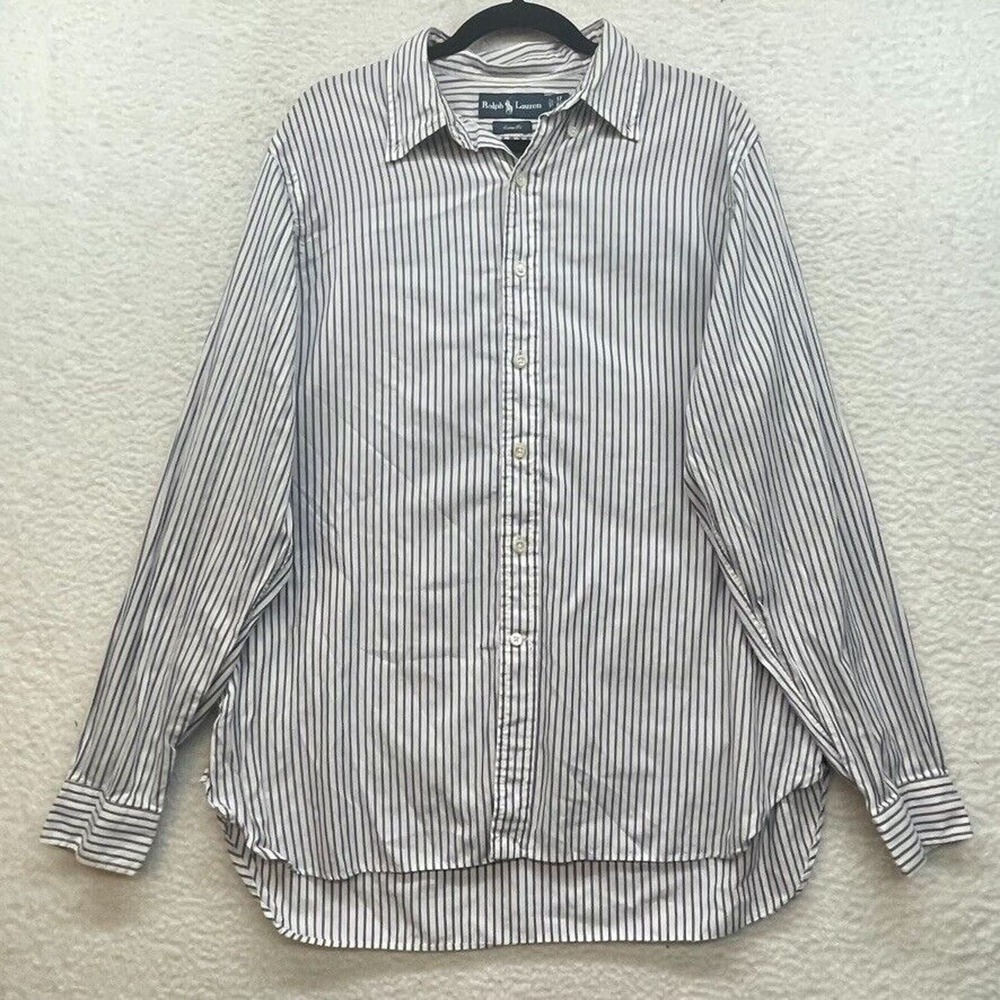 Ralph Lauren Shirt Mens 17 43 Blue White Striped Button Down Cutom Fit Preppy
